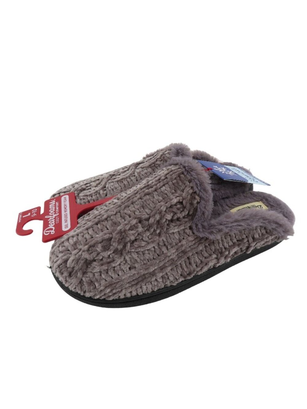 Dearfoams Women Large 9-10 Grey Chenille Cable Knit Faux Fur Slide Slippers NEW